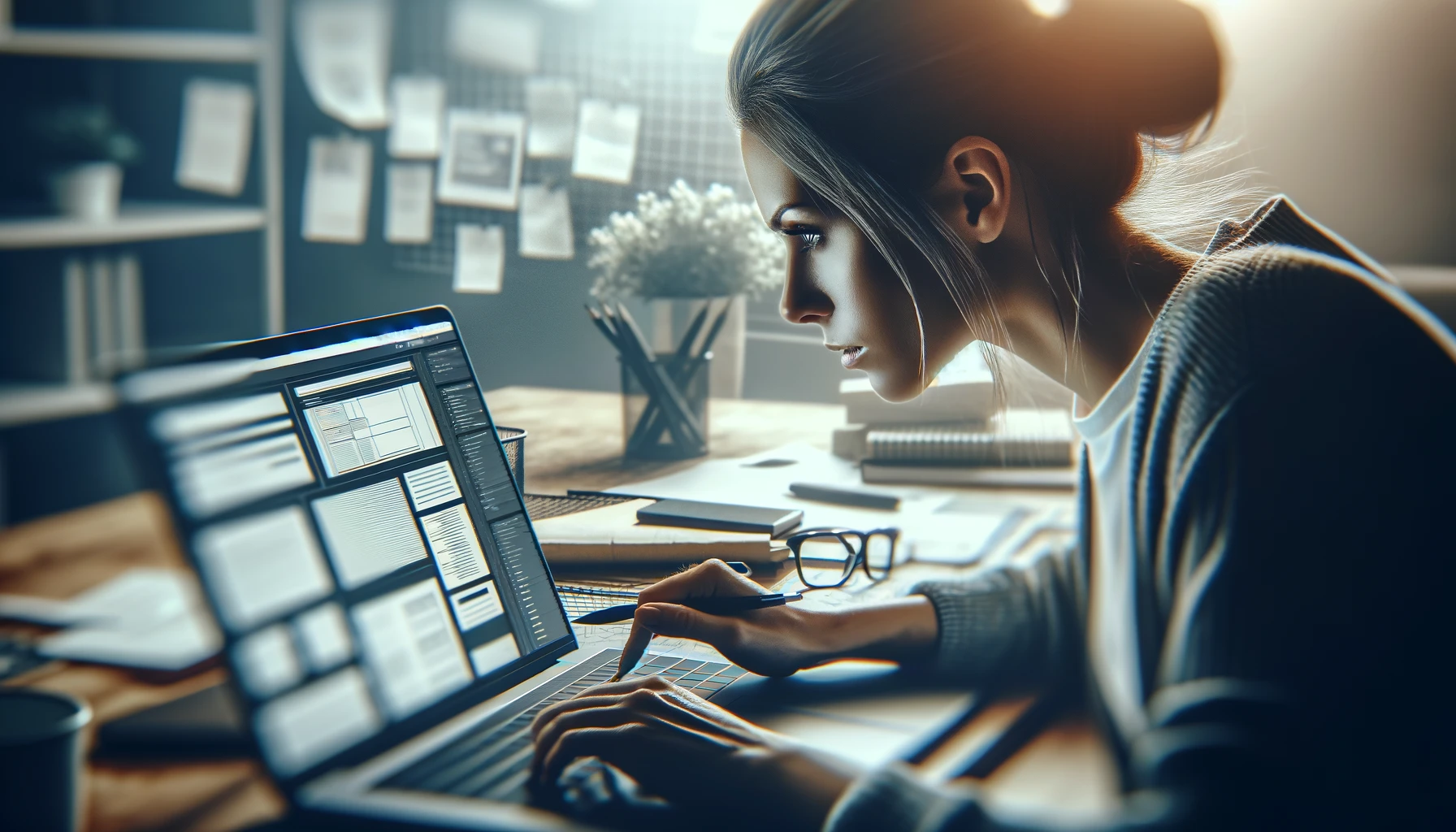 woman website developer intently designing a webpage on her laptop, set against the backdrop of a creative office environment.